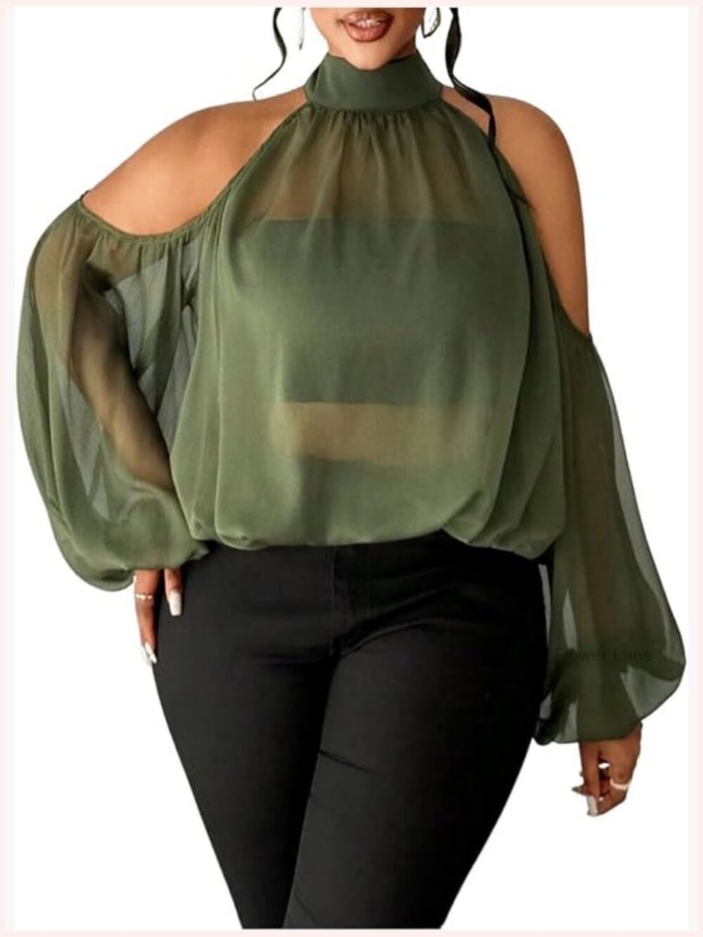 Women's Plus Size Cold Shoulder Sheer Blouse Mock Neck Lantern Sleeve Top